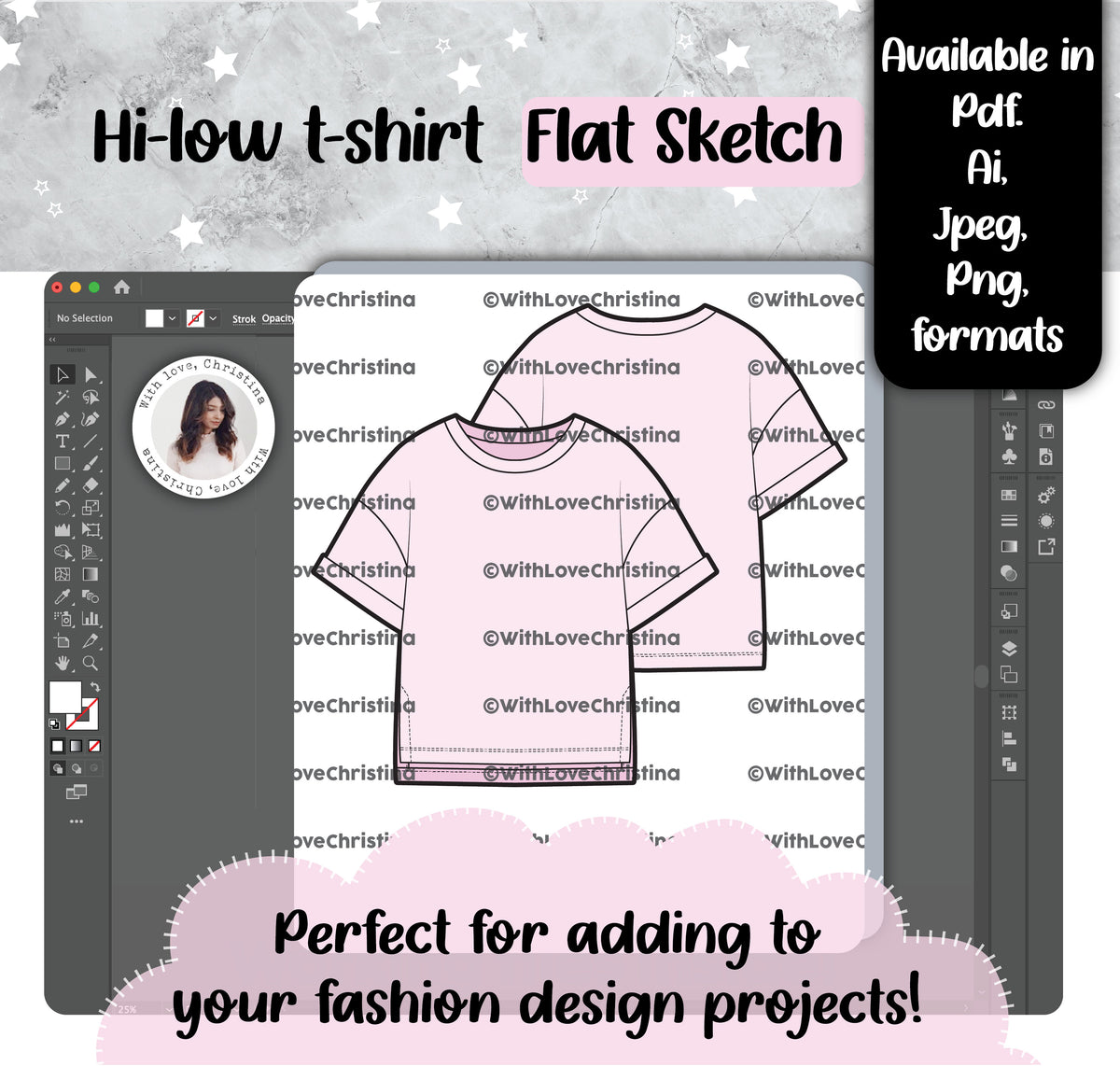 High Low T-shirt Flat Sketch (Adobe Illustrator, Pdf, Jpeg, Png)