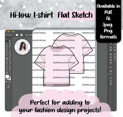 High Low T-shirt Flat Sketch (Adobe Illustrator, Pdf, Jpeg, Png)