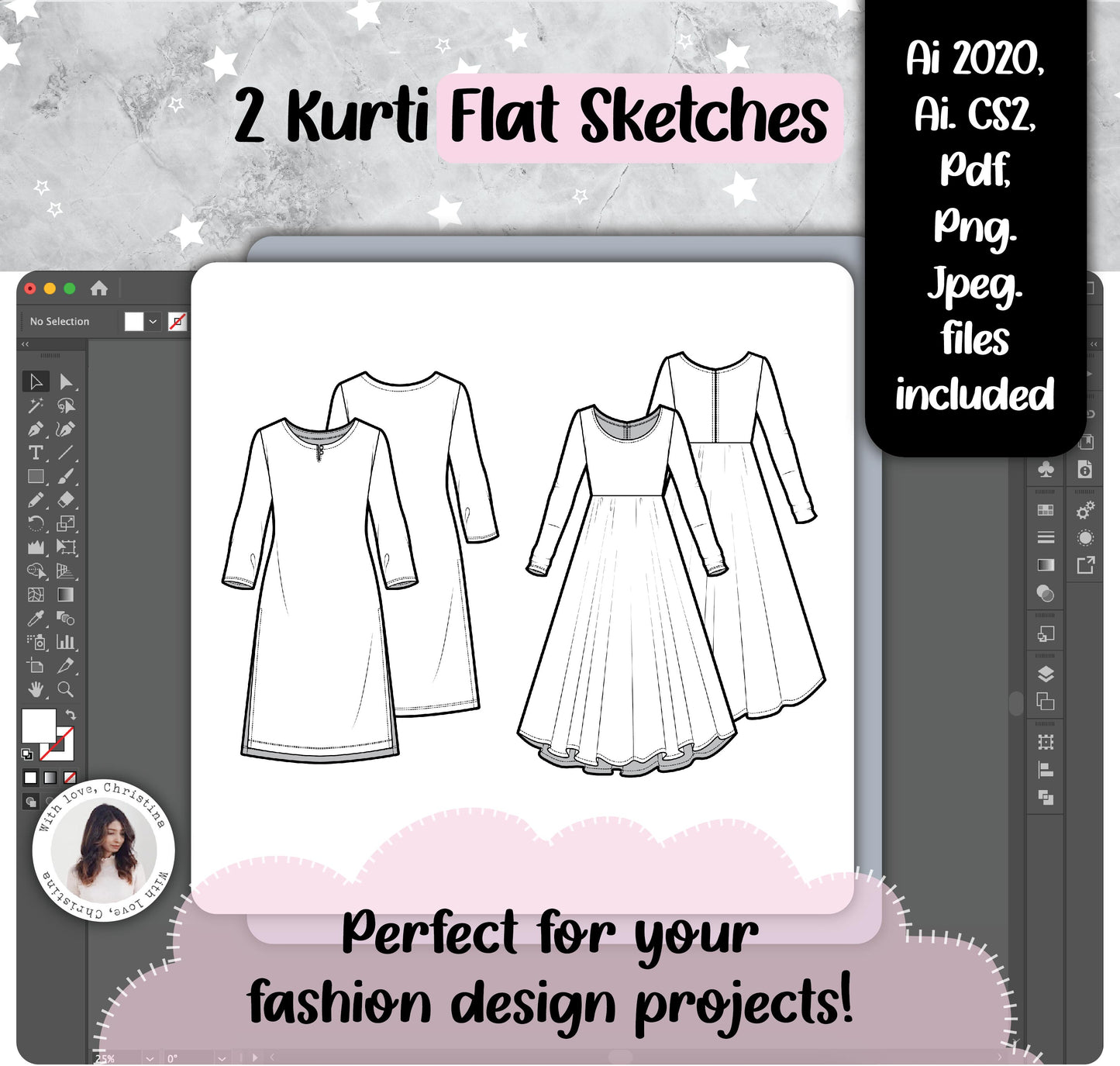 Kurti + Anarkali Flat sketch (Ai. files)