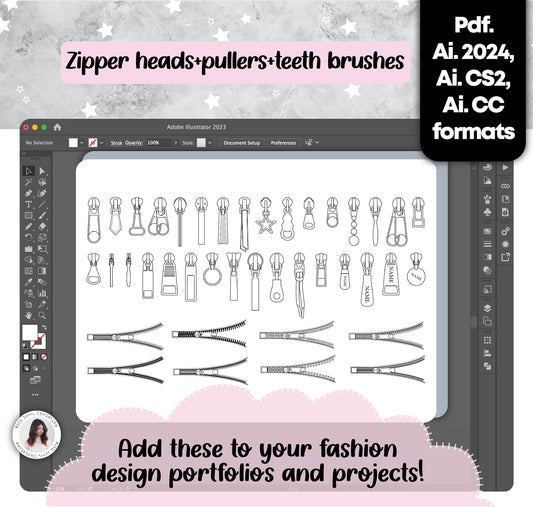 Zipper heads + Pullers + Zipper teeth brushes for Fashion Design Projects (Editable Ai. files)