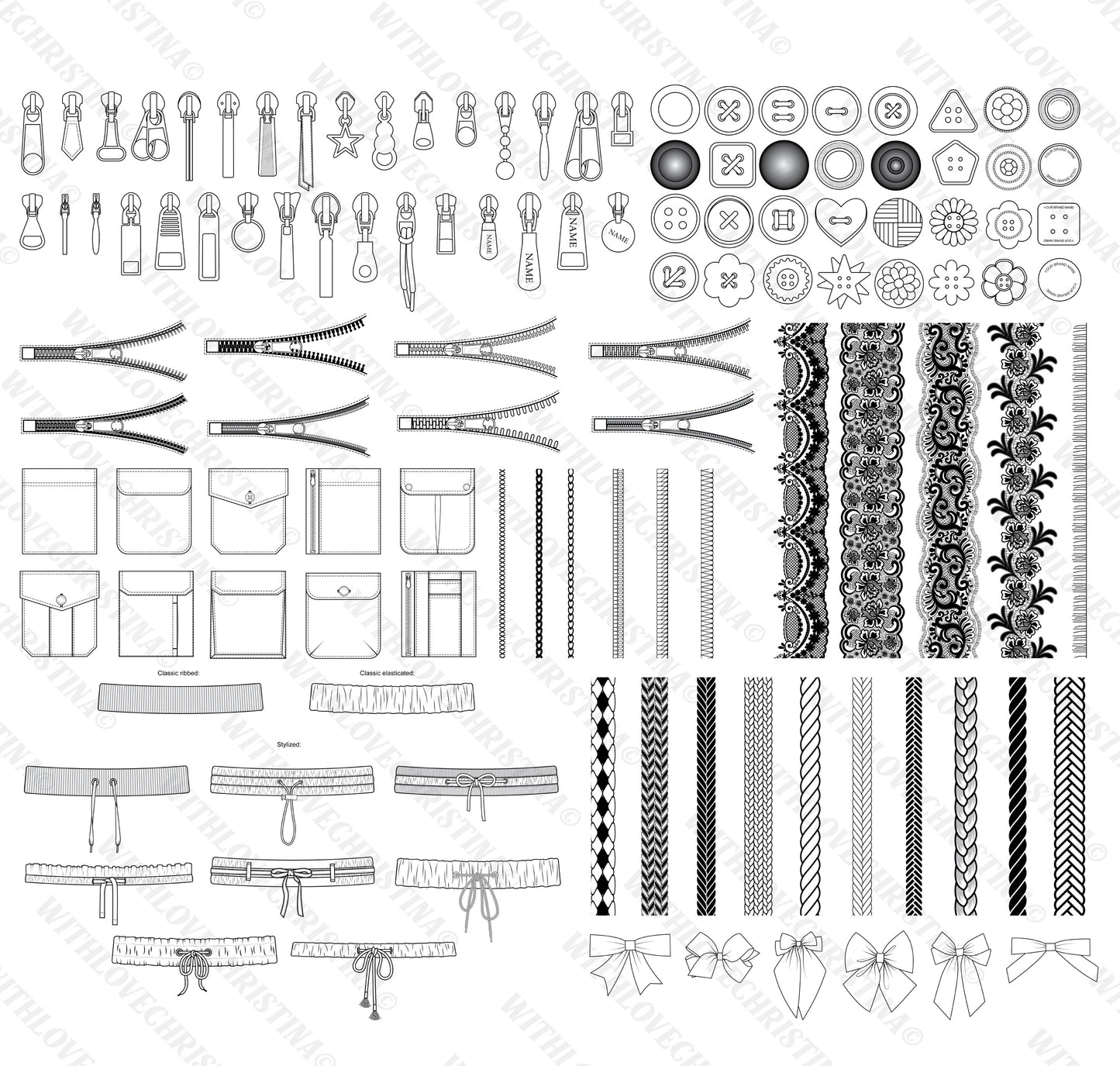 The ULTIMATE trim file for Fashion Design Projects (Editable Ai. files)