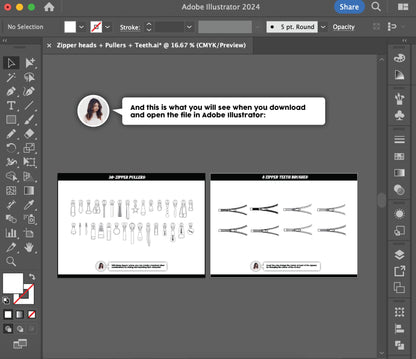 Zipper heads + Pullers + Zipper teeth brushes for Fashion Design Projects (Editable Ai. files)