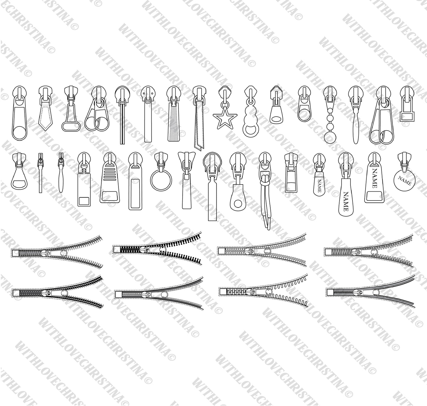 Zipper heads + Pullers + Zipper teeth brushes for Fashion Design Projects (Editable Ai. files)