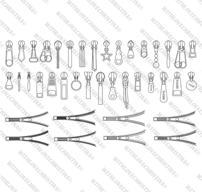 Zipper heads + Pullers + Zipper teeth brushes for Fashion Design Projects (Editable Ai. files)